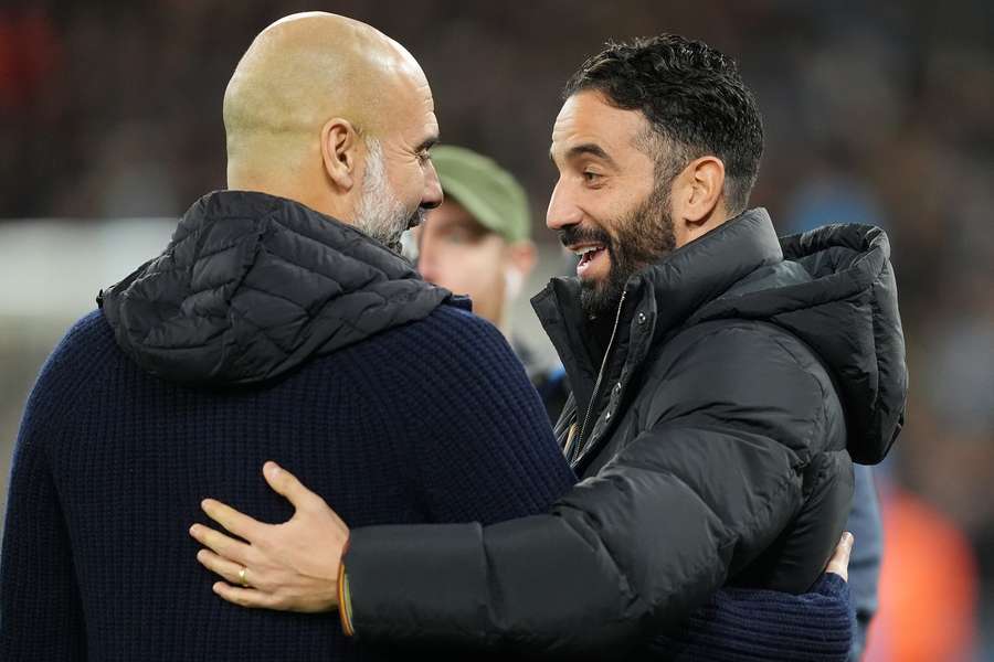 Manchester United manager Ruben Amorim (right) embraces Manchester City manager Pep Guardiola ahead of the Premier League match at the Etihad Stadium, Manchester. Manchester United manager Ruben Amorim (right) embraces Manchester City manager Pep Guardiola ahead of the Premier League match at the Etihad Stadium, Manchester.