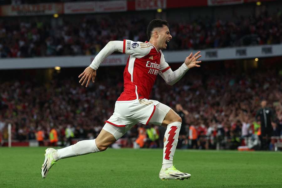 Arsenal's Brazilian midfielder #11 Gabriel Martinelli celebrates after scoring the opening goal 