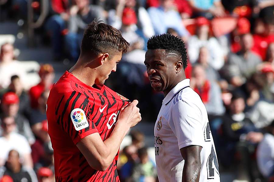 Mallorca's Spanish defender Antonio Jose Raillo argues with Real Madrid's Brazilian forward Vinicius Junior 