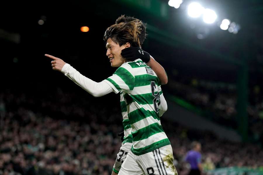 Kyogo Furuhashi celebrates scoring his sides second goal during the cinch Premiership match at Celtic Park