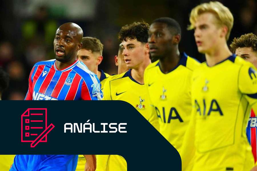 Jean-Philippe Mateta, do Crystal Palace, ao lado de Archie Gray, do Tottenham Hotspur