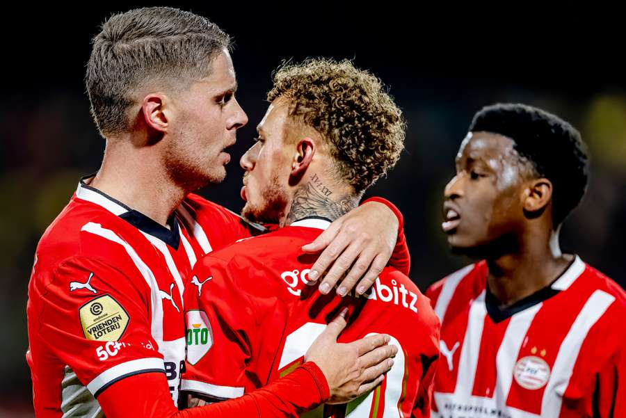PSV's Joey Veerman (L) celebrates Noa Lang's goal against RKC Waalwijk