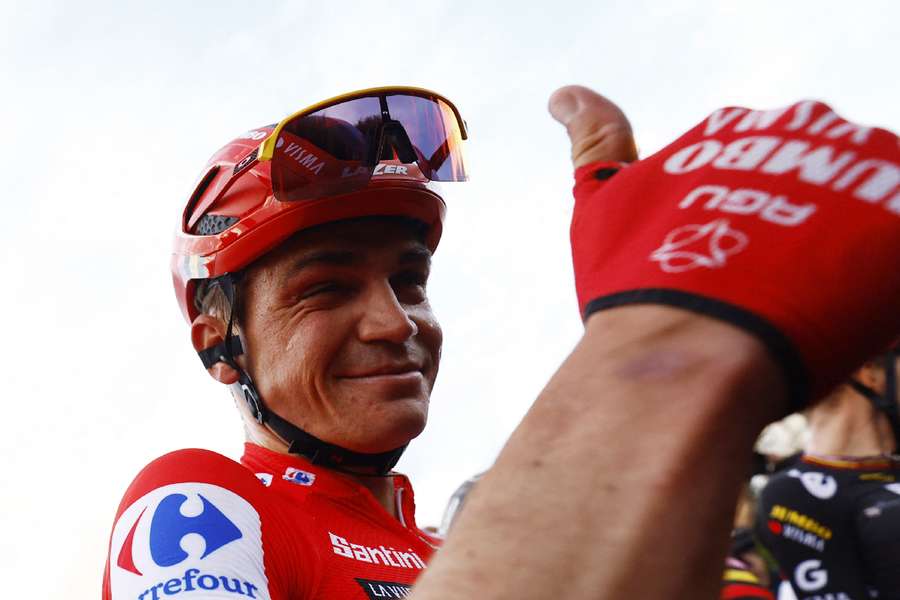Sepp Kuss celebrates after winning Vuelta a Espana