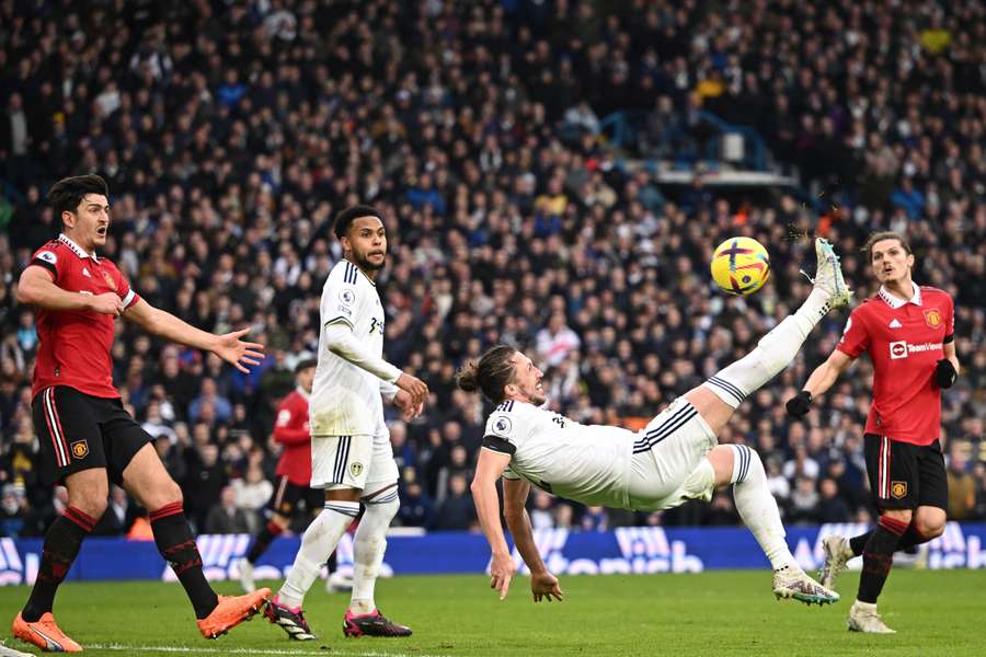 Leeds United defender Luke Ayling has this overhead attempt saved 