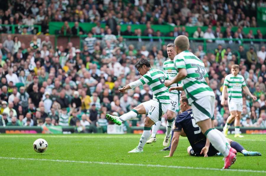 Reo Hatate of Celtic scores to give Celtic a 4-0 lead