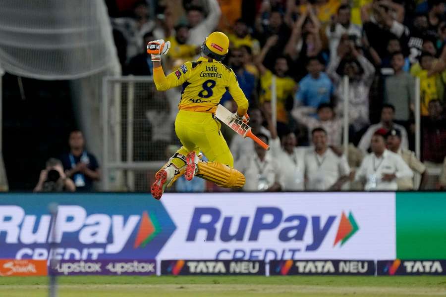Chennai's Ravindra Jadeja punches the air after scoring two boundaries off the last two balls to win the IPL final