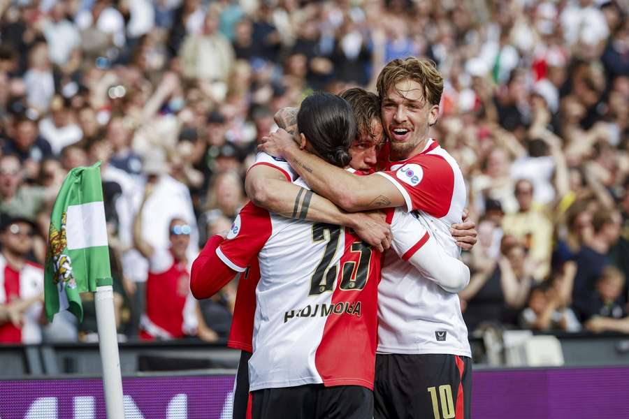 Feyenoord celebrate Anis Hadj Moussa's 1-1 against AZ Feyenoord celebrate Anis Hadj Moussa's 1-1 against AZ