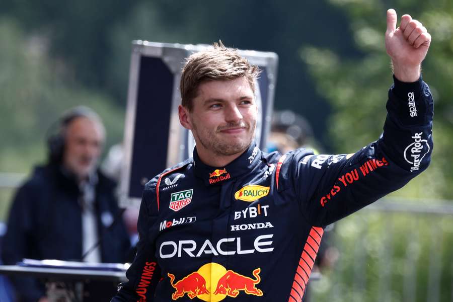 Red Bull's Max Verstappen reacts after taking pole position in the sprint shootout