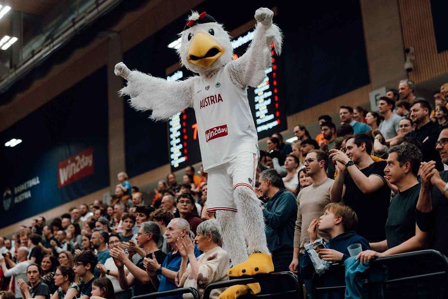 Die Fans des österreichischen Basketball-Nationalteams und Maskottchen Arwin blicken zuversichtlich auf die Pre-Qualifikation. Die Fans des österreichischen Basketball-Nationalteams und Maskottchen Arwin blicken zuversichtlich auf die Pre-Qualifikation.