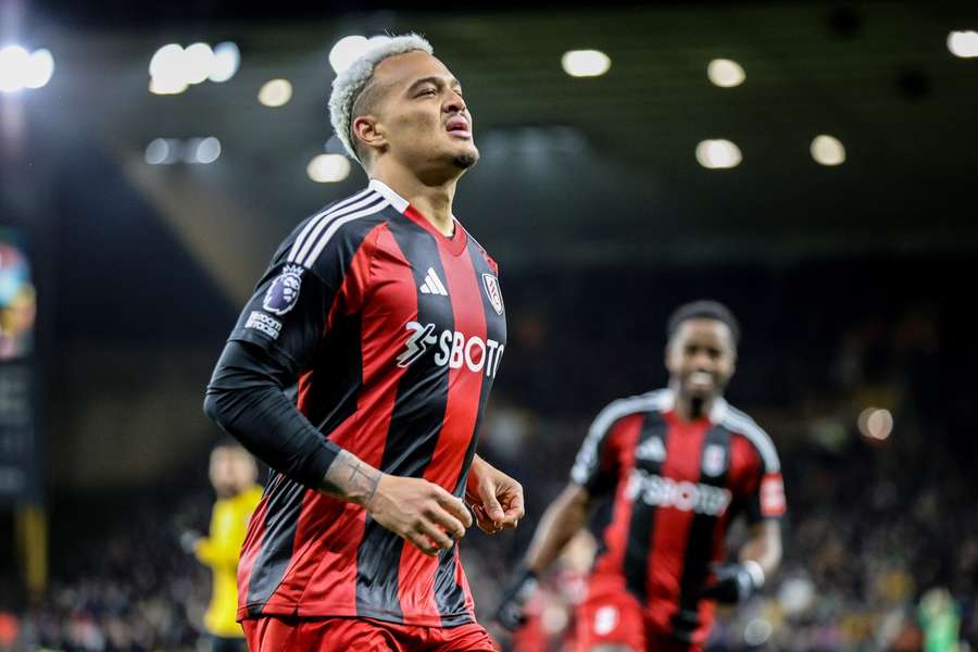 Fulham's Rodrigo Muniz celebrates after scoring during the Premier League match with Wolverhampton Wanderers