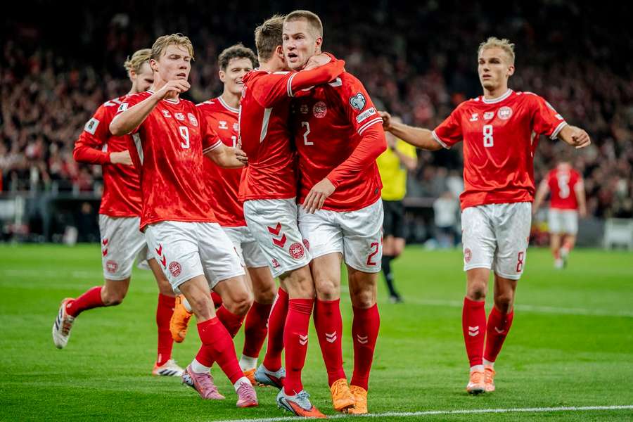Joachim Andersen celebrates scoring his first goal for Denmark ever