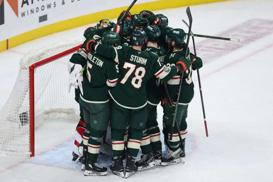 The Minnesota Wild celebrate advancing to the second round of the Stanley Cup.