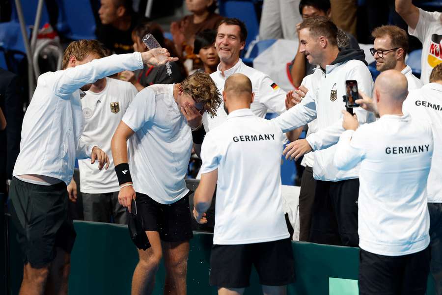 Justin Engel celebrates with his Germany teammates