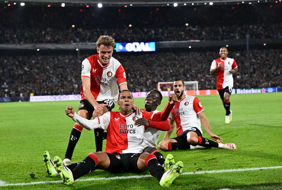 Calvin Stengs celebrates scoring a freekick to give Feyenoord the lead