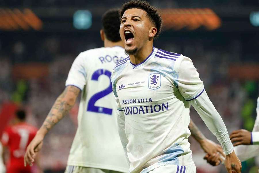 Jadon Sancho, then of Aston Villa, celebrates the win in the UEFA Europa League Final