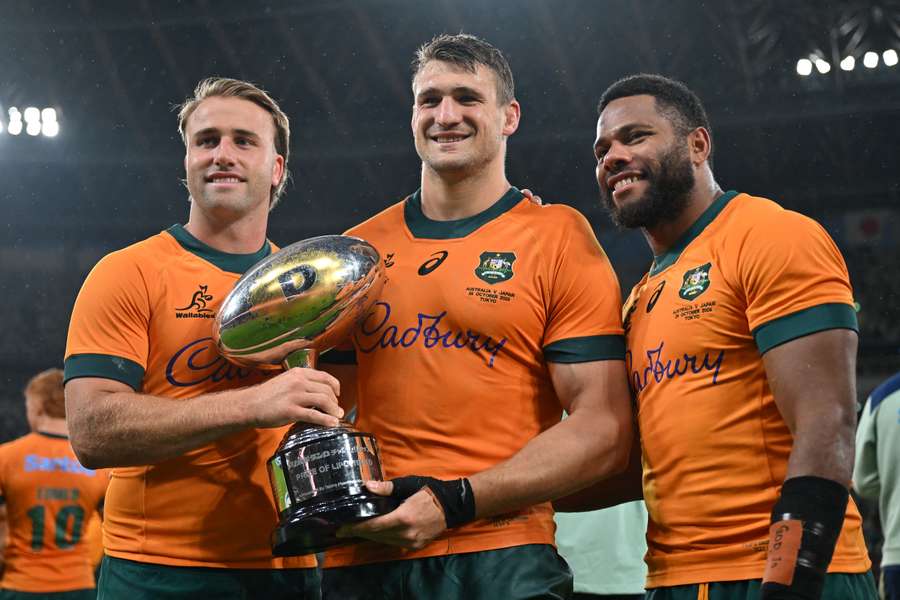 New Wallabies captain Nick Champion de Crespigny poses with teammates Hamish Stewart and Filipo Daugunu. New Wallabies captain Nick Champion de Crespigny poses with teammates Hamish Stewart and Filipo Daugunu.