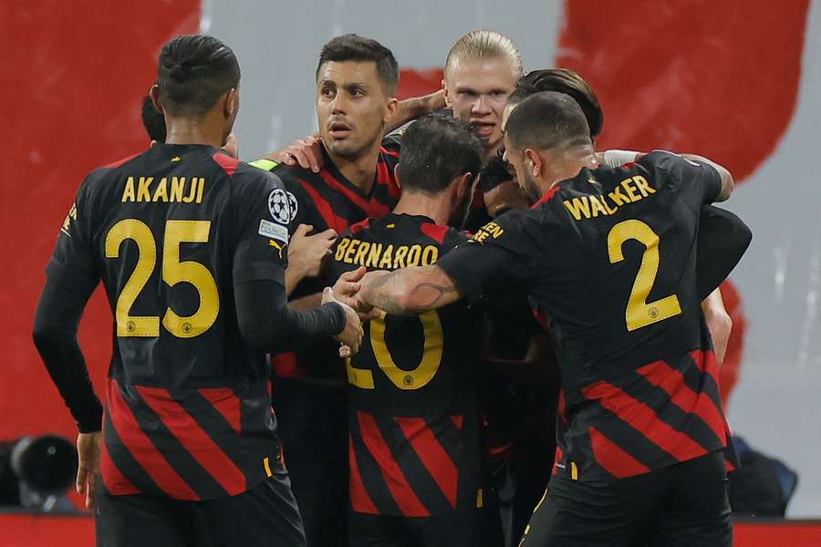 Man City celebrate after taking the lead