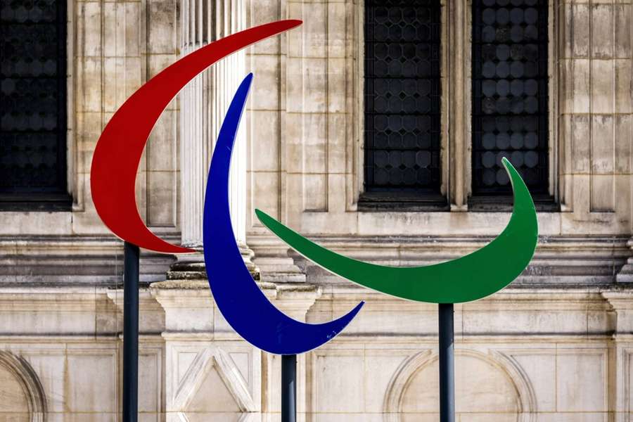 The Paralympic logo is pictured outside the city hall in Paris