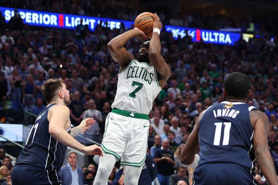 Boston's Jaylen Brown shoots over Luka Doncic in the Celtics' Game 3 victory over Dallas in the NBA Finals