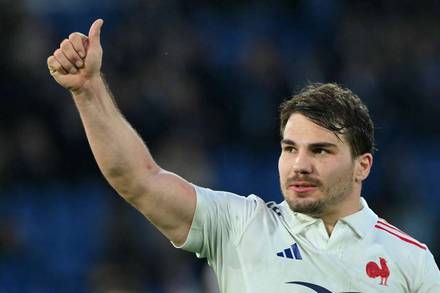 France's scrum-half Antoine Dupont celebrates after France's thumping win over Italy at the Stadio Olimpico in Rome