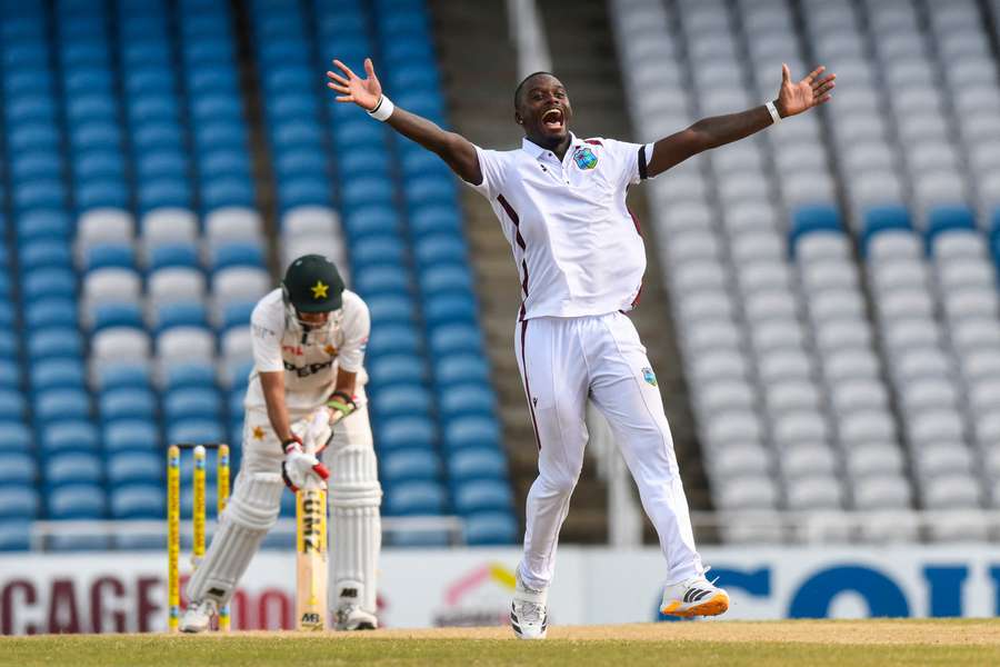 Jayden Seales of West Indies appeals for lbw against Mohammad Abbas of Pakistan during the fourth day