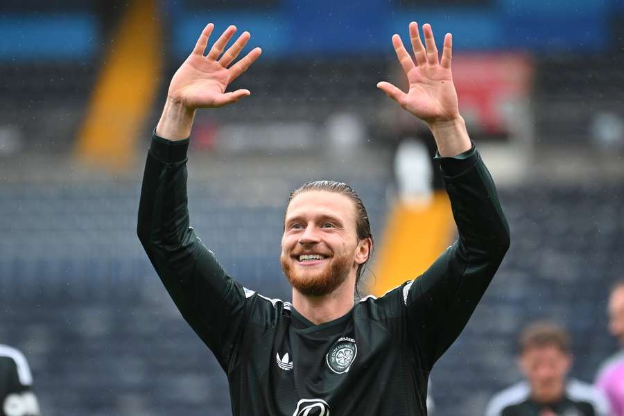 Kasper Hogh celebrates his hat-trick against Kilmarnock