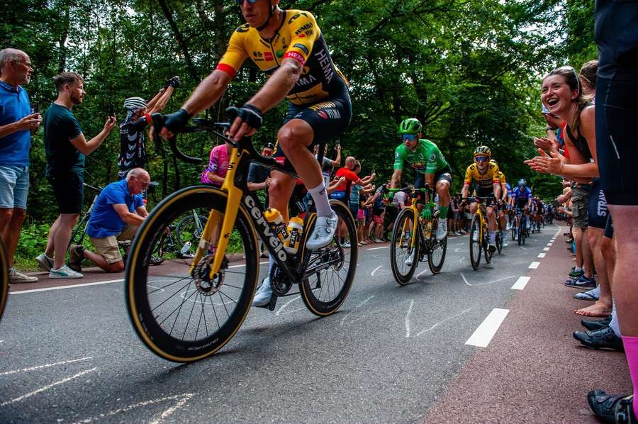 Roglic, in green, during the opening stages in the Netherlands