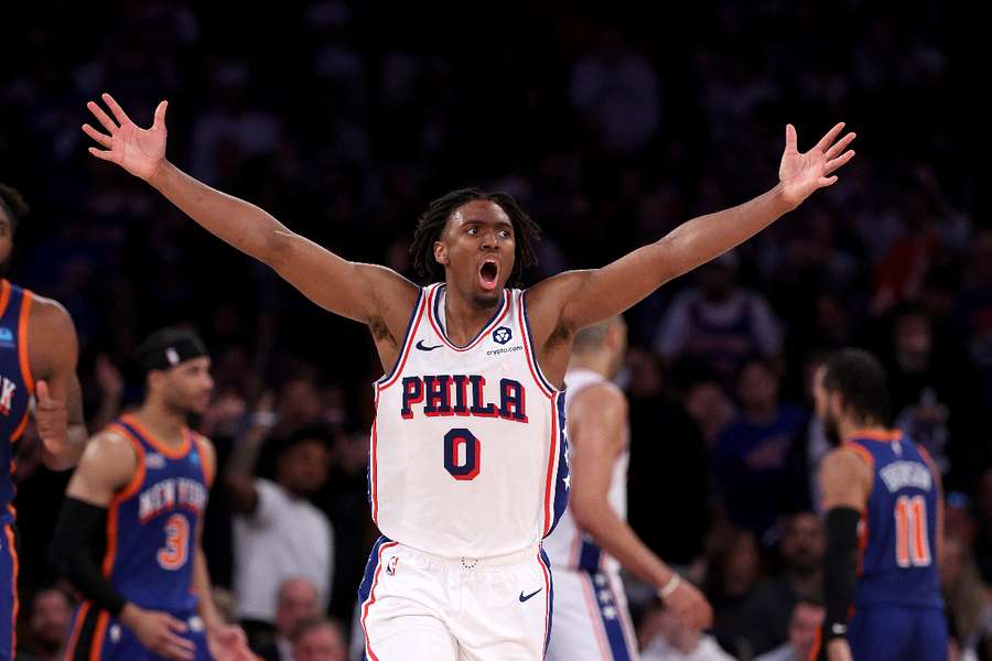 Tyrese Maxey reacts after his fourth quarter heroics helped Philadelphia keep their playoff series against the New York Knicks alive