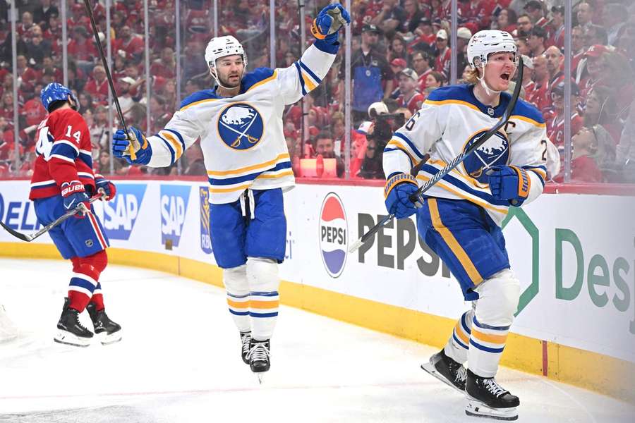 Sabres players celebrate goal during Game 6 against Montreal Canadiens