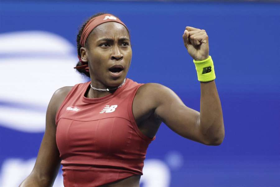 Coco Gauff reacts after clinching victory in the US Open over Aryna Sabalenka