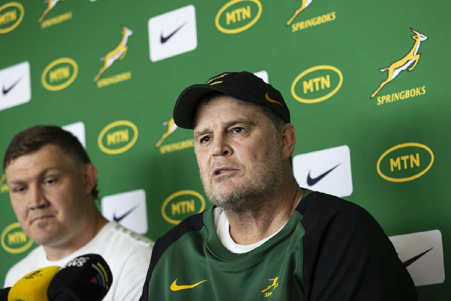 Springbok head coach Rassie Erasmus and player Jasper Wiese addresses the media during a press conference and team announcement 