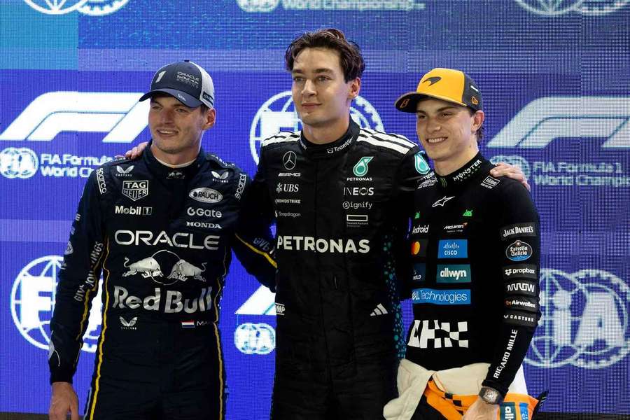 Oscar Piastri (R) secured third in qualifying behind Max Verstappen (L) and George Russell (C)