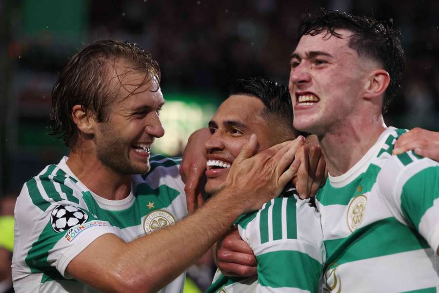 Celtic's Camilo Duran celebrates scoring their second goal with Benjamin Nygren and Colby Donovan Celtic's Camilo Duran celebrates scoring their second goal with Benjamin Nygren and Colby Donovan