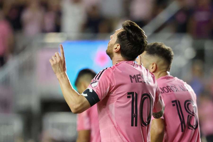 Lionel Messi celebrates one of his goals for Inter Miami during their win on Saturday.