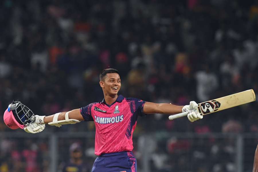 Rajasthan Royals' Yashasvi Jaiswal celebrates after winning the IPL match between Kolkata Knight Riders and Rajasthan Royals