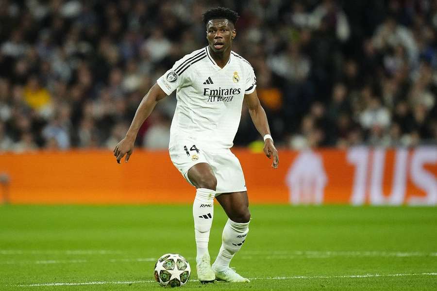 Aurélien Tchouaméni lors du match aller des 8es de finale de la Ligue des champions entre le Real Madrid et l'Atlético de Madrid. 