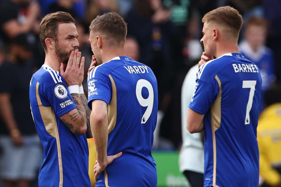 Leicester City midfielder James Maddison, striker Jamie Vardy and midfielder Harvey Barnes