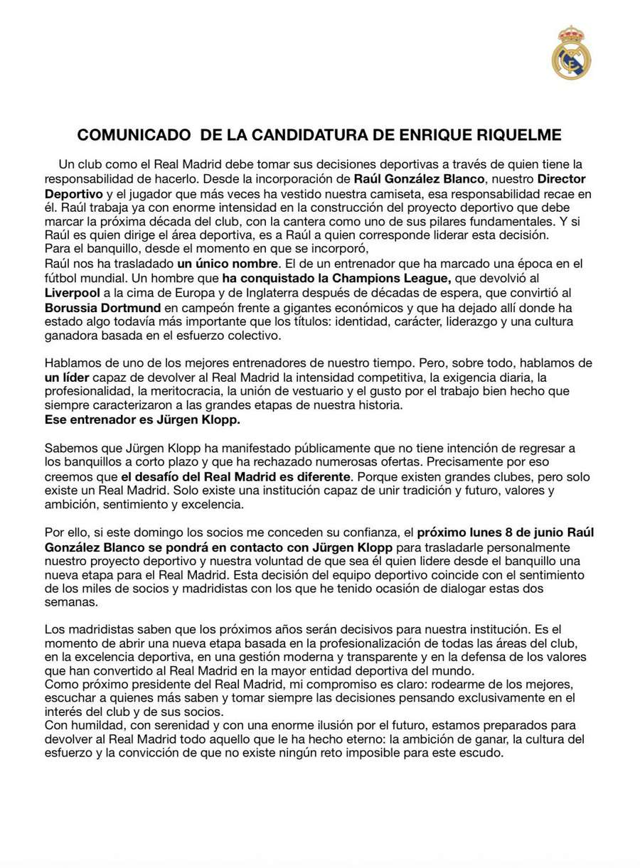 Comunicado oficial de Enrique Riquelme