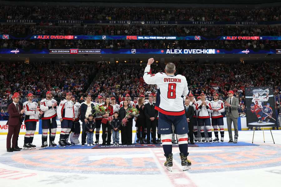 Alex Ovechkin speaks during the celebration of his 895th career goal
