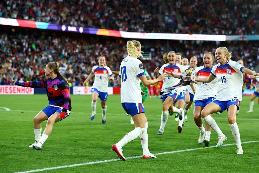 England's Chloe Kelly celebrates scoring the winning penalty in the Women's European Championship final against Spain