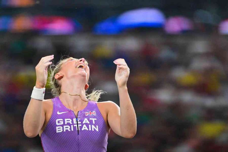 Molly Caudery reacts after breaking her personal best in the pole vault final