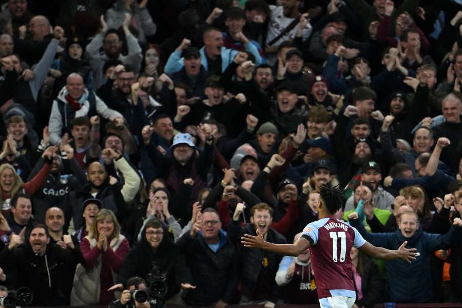 Aston Villa's English striker #11 Ollie Watkins celebrates after scoring their third goal