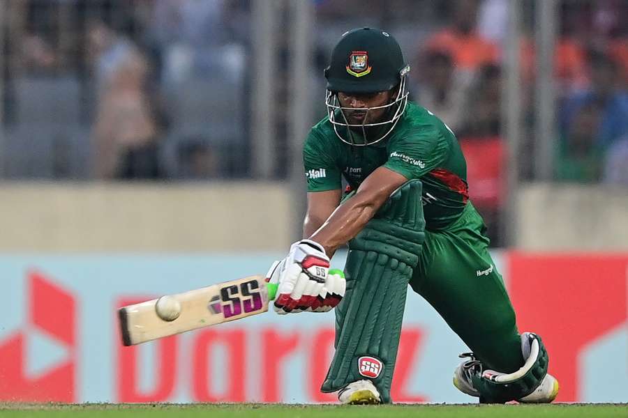 Bangladesh's Najmul Hossain Shanto plays a shot