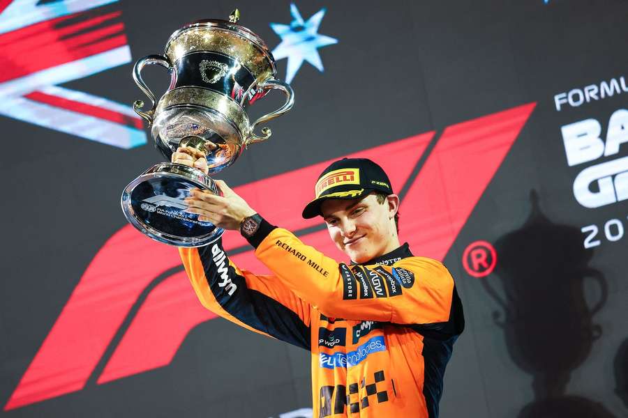 McLaren driver Oscar Piastri celebrates after winning the Bahrain Grand Prix