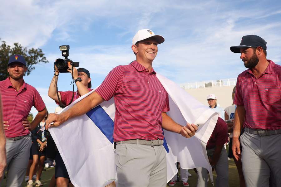 Team USA Golfer Jacob Bridgeman celebrates Presidents Cup victory. Team USA Golfer Jacob Bridgeman celebrates Presidents Cup victory.