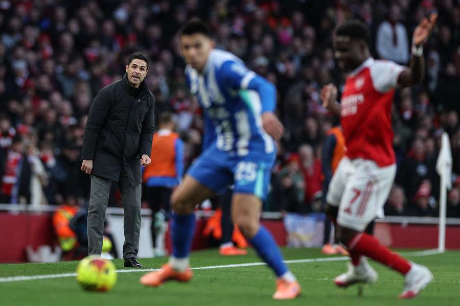 Mikel Arteta reacts during the English Premier League football match between Arsenal and Brighton