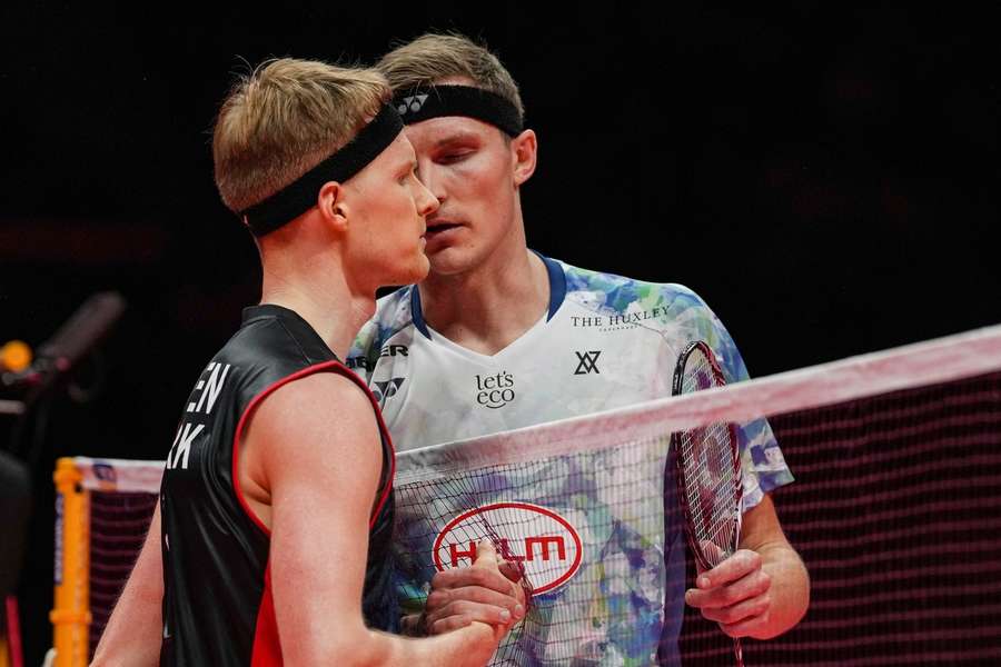 Antosen and Axelsen shake hands after a game in a previous tournament  Antosen and Axelsen shake hands after a game in a previous tournament