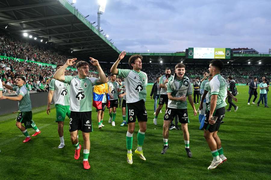 Racing Santander players celebrate promotion