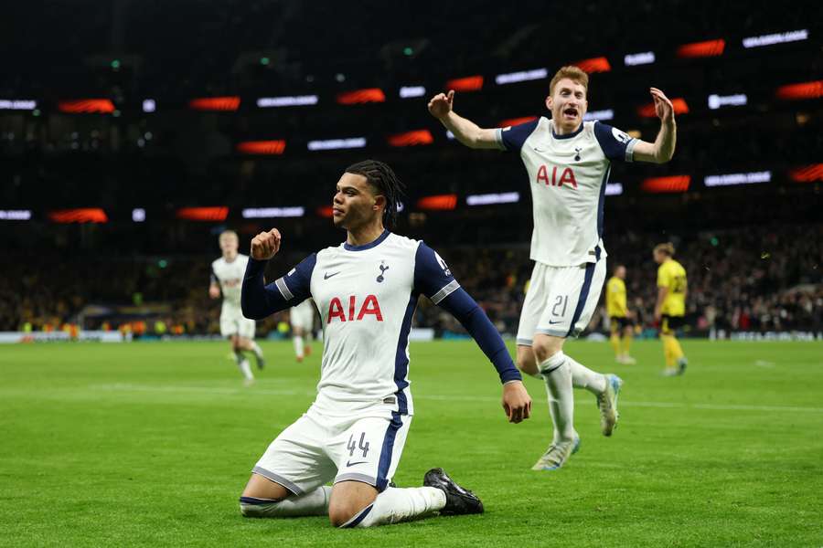 Dane Scarlett celebrates scoring for Tottenham after coming off the bench