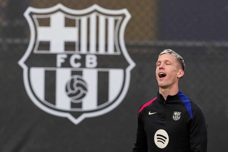 FC Barcelona's Dani Olmo looks on during a training session
